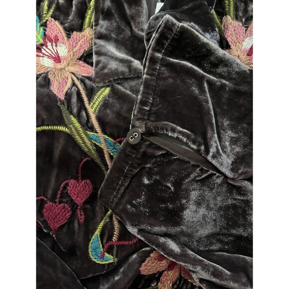Johnny Was Velvet Pop Over Silk-Blend Shirt Brown XL Boho Embroidered Floral - Picture 6 of 7